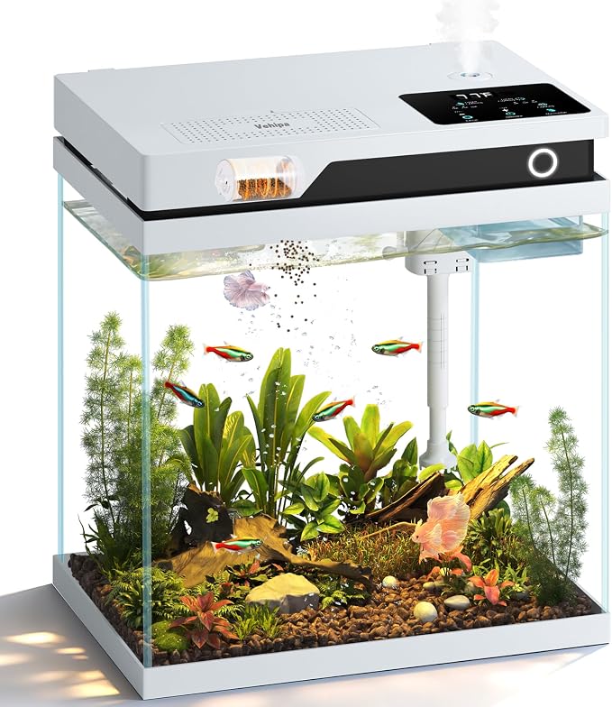 Vehipa Fish Tank, Smart Fish Aquarium Kit 4.2 Gallon | with Auto Feeder, 4-in-1 Silent Pump, Adjustable Lighting, Temperature Display & Humidifier for Desktop, Office, Room