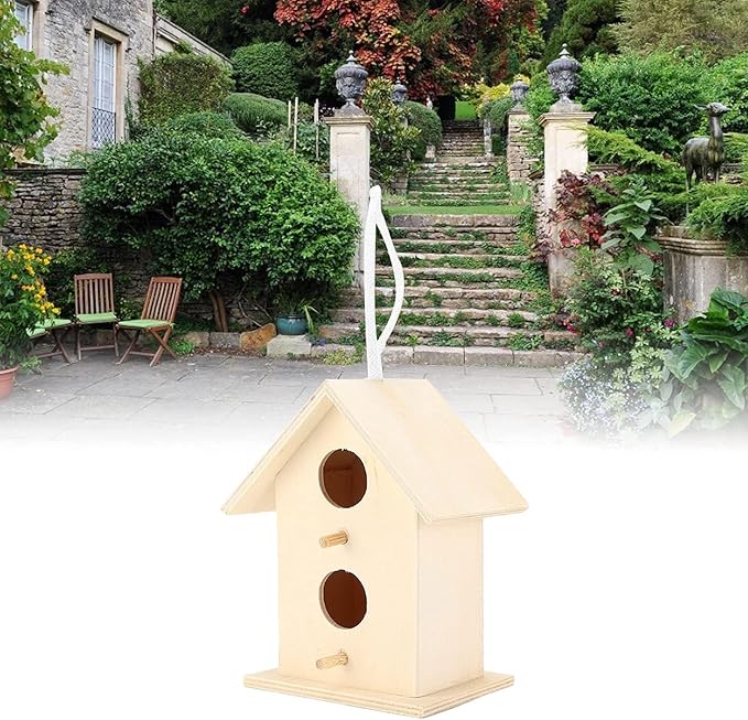 2PCS Bird Houses for Outside, Wooden Birdhouse Hanging Birdhouse Bird Nest Box Unfinished Bird Houses Hanging Wooden Birdhouse Wooden Bird Houses to Paint with Two Holes for Small Bird (#a)