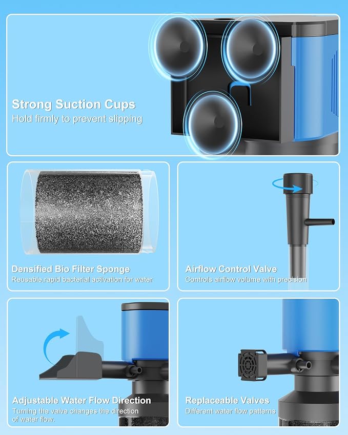 660GPH Internal Aquarium Filter 60-300 Gallon 35W Submersible Quiet Pump with Wave-Maker, Oxygenation & Adjustable Air Flow Fish Tank Filter for Fresh/Saltwaterr Turtle Tanks Small Ponds