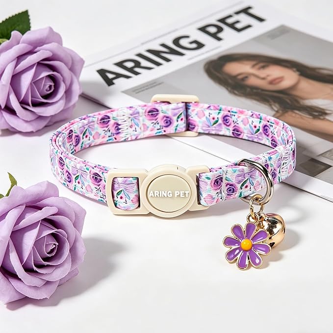 ARING PET 2 Pack Cat Collars with Bell, Cute Soft Cotton Kitten Kitty Breakaway Spring Summer Cat Collars for Boy Girl Cats-Pink & Purple Floral
