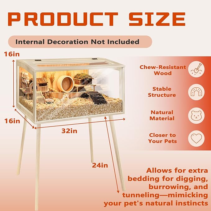 PROLEE Hamster Cage Wooden Chew Proof, Extra Large Mice and Rat Habitat Openable Top with Acrylic Sheets Solid Built Small Animal Cage with Leg Stands, 32 Inch Long