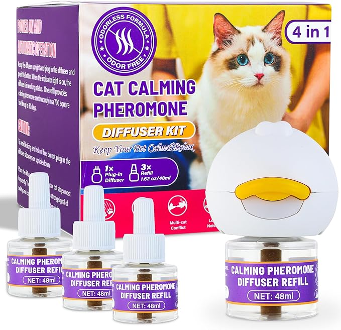 3 x 30 Day Cat Pheromones Calming Diffuser, Cat Calming Diffuser Refills for Stress, Pee Spraying, Aggression, Excessive Meowing & Scratching, 1 Diffuser & 3 Refills