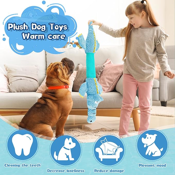 WOWBALA Interactive Tug of War Dog Toys for Small to Large Breeds-Squeaky Plush Puppy Toys with Crinkle Paper, Stuffed Chew Dog Toys to Keep Them Busy, Training Reward Gift (Blue)