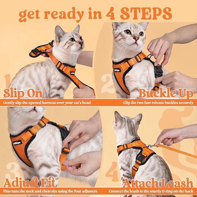 rabbitgoo Cat Harness and Leash for Walking, Escape Proof Soft Adjustable Vest Harnesses for Cats, Easy Control Breathable Reflective Strips Jacket, Orange, XXS