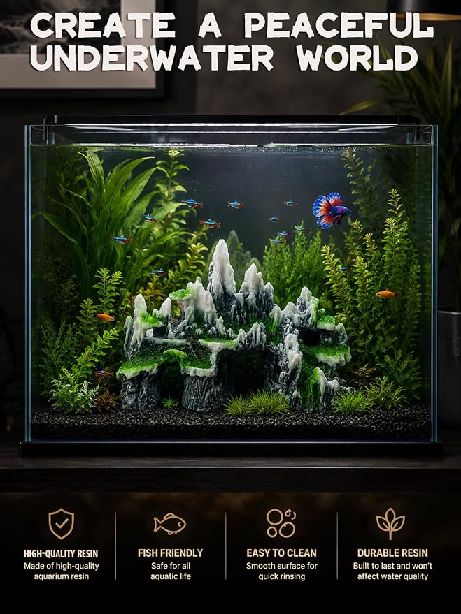 Aquarium Decor - Large Mountain Rock Cave for Fish Tank, Aquarium Hideout Ornament with Rock Texture for Betta, Guppy, Shrimp - Aquatic Hide Decoration, Fish Hiding House（White）