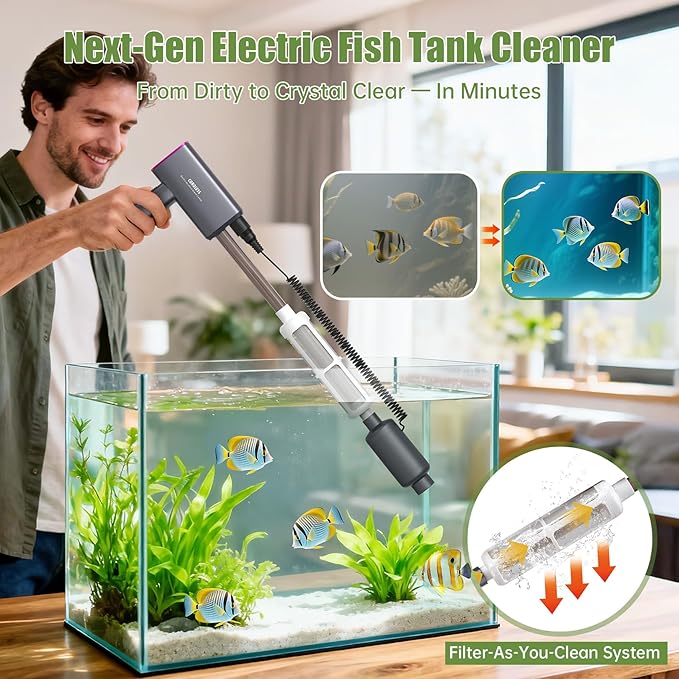 Cordless Aquarium Gravel Cleaner Vacuum: 6-in-1 Electric Fish Tank Cleaner, 36W Rechargeable & 650GPH Strong Suction Automatic Water Changer, Touch Control, Fits 5–150 Gallon Tanks