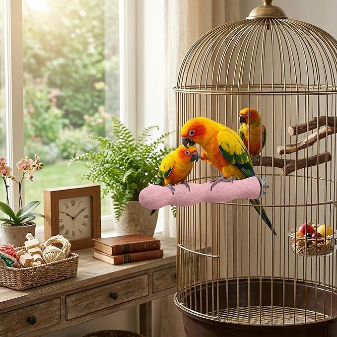Natural Wood Bird Perch with Beak Grinding Bar, Climbing Standing Stick Cage Toy for Parakeets, Cockatiels, African Grey, Budgies & Small Parrots