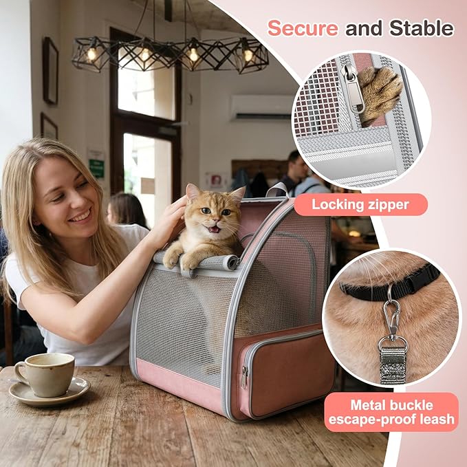 Cat Backpack Carrier Expandable for Travel: Foldable Pet Backpack with Breathable Mesh for Medium Small Dog Cat Puppy Kitten up to 15 Lbs, Cat Carrier Soft Backpack for Hiking Camping Outdoor(Pink)