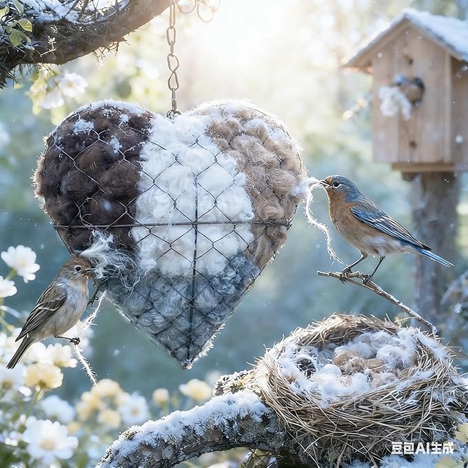 2026 new Handmade Alpaca Fiber Bird nest Heart, Bird nest Material Frame, Winter Wild Bird Tree House, Hummingbird nest Box Outdoor Garden Art Bird House, a Gift for Bird Lovers. (2pc)