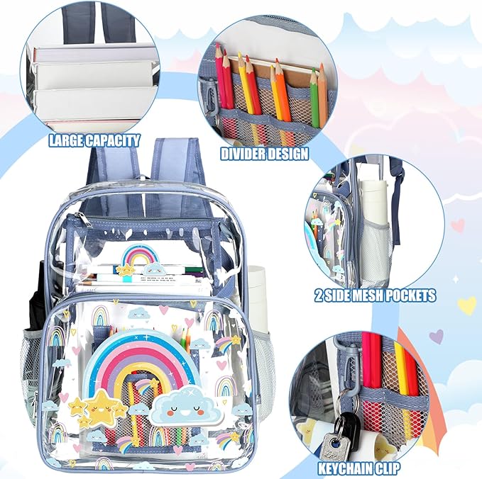 Kacctyen 3 Pcs Clear Backpack Heavy Duty Clear Stadium Bag Transparent Backpack with Lunch Bag(Blue Purple,Rainbow)