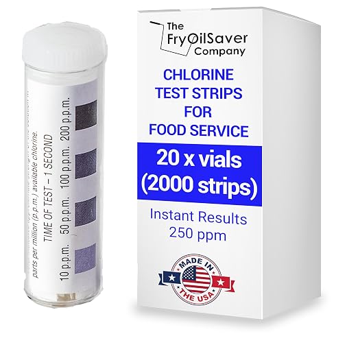 Chlorine Test Strips for Restaurants & Food Services, 20 x Vial of 100 Chlorine Sanitizer Testing Kits, Bleach Test Strip, 0-200PPM Testing Kit Sanitizing Solution for Kitchen & Bar by FryOilSaver Co.