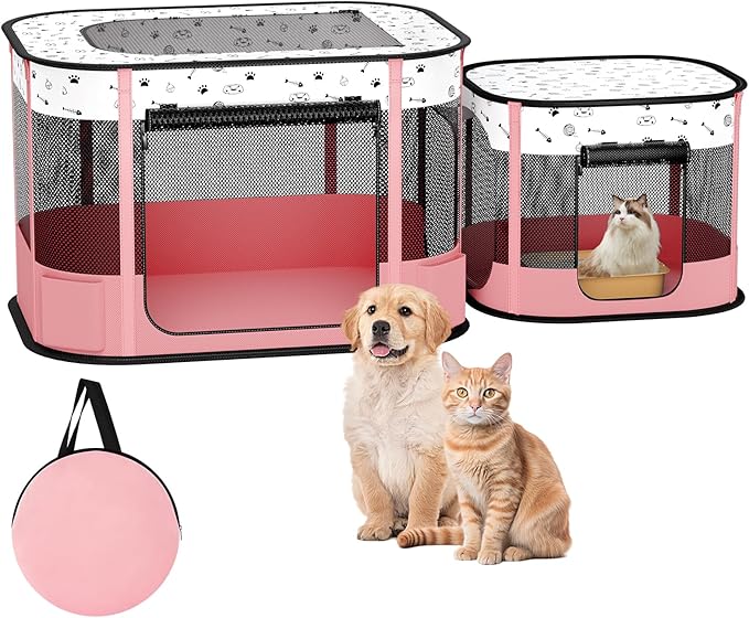 Portable Cat Playpen, 8-Rod Reinforced Kitten Dog Playpens, Foldable Play Pen for Indoor Cats Enclosed Pet Puppy Doggy Outdoor, Collapsible Tent Kennel Cage, Pink