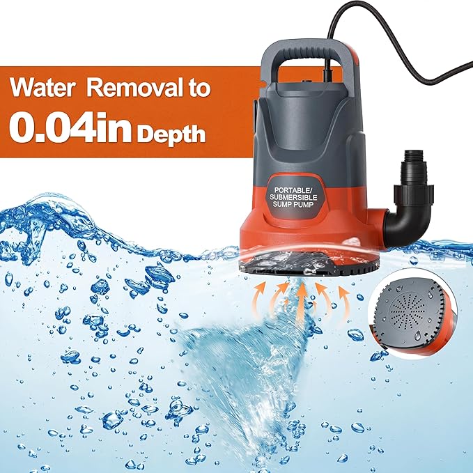 Sump Pump Submersible 1HP 3700GPH Utility Water Pump Portable Transfer Electric Water Sump Pumps with 8 Accessories for Swimming Pool Draining Hot Tub Pond Basement