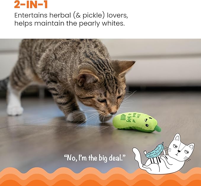 Catstages Crunchy Pickle Kicker Cat Toy – Plush Crinkle Toy with Catnip and Dental Mesh, 6.5" (Pack of 2)