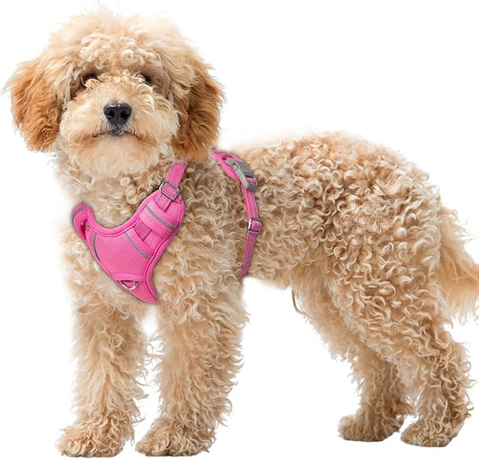 BARKBAY No Pull Dog Harness Large Reflective Dog Harness with Front Clip and Easy Control Handle for Walking Training Running with ID tag Pocket(Pink,XS)