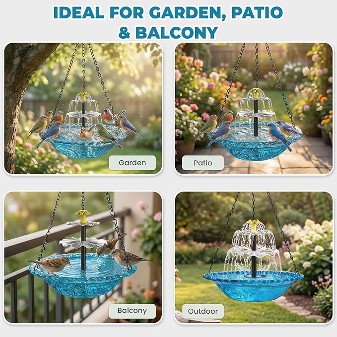 Solar Fountain for Bird Bath, Hanging Cascade Water Feature for Outdoor Garden & Yard Decor, Creates a Relaxing Flow that Attracts Birds (Blue)