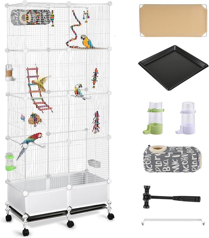 69" H Large Bird Flight Cage with Bottom Splash Guard,White Extra-Narrow Bar Spacing Parakeet Cage with Stand,Includes Parrot Toys&Supplies,Tall Rolling Birdcage for Small to Medium Birds,28" Lx15 W