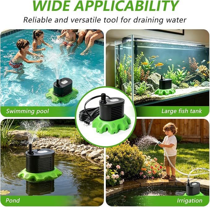 Pool Cover Pump Above Ground, 850 GPH Submersible Sump Pump for Pool Drain | 16FT Drain Hose, 25FT Power Cord, 3 Adapters, Safety and Sturdy, Powerful Water Removal for Pool Cover and Above Ground Pool
