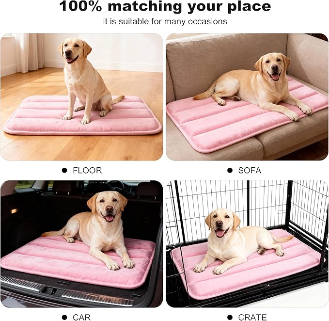 pobopobo Dog Crate Pad, Ultra Soft & Anti-Slip Kennel Mat, Secure Fit for Metal Crates & Dog Cages, Washable Cozy Bed for Small Medium Large Dogs (Pink, L(34"*20"*1.5"))