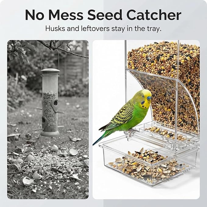 Clear Acrylic Bird Feeder, No Mess Automatic Cage Dispenser for Small Medium Birds, Gravity Food Container Seed Bowl for Parakeet Cockatiel Canary Lovebird Parrot Finches