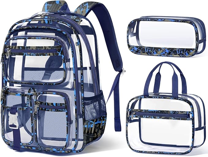 Fimibuke Clear Backpack for Boys, 3PCS Heavy Duty PVC Transparent Boys Backpack with Lunch Box & Pencil Case, School Stadium Event Approved Toddler School Bookbag for Preschool Kindergarten Elementary