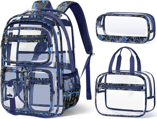 Fimibuke Clear Backpack for Boys, 3PCS Heavy Duty PVC Transparent Boys Backpack with Lunch Box & Pencil Case, School Stadium Event Approved Toddler School Bookbag for Preschool Kindergarten Elementary