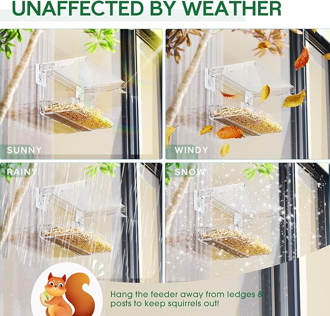 SUNALLY Window Bird Feeder for Outdoors, Clear Birds Feeders Window Mounted with Self-Adhesive Hooks, Outside Wild Bird Watching for Hummingbird,Finch in Garden, Yard, Elderly Kids Viewing