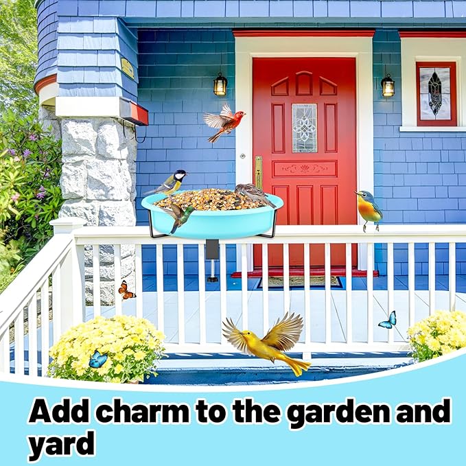 Bird Baths for Outdoors, Rustproof Metal Clamp Birdbaths & Birdfeeder with Detachable Plastic Basin, Outdoor Bird Feeding & Watering Station for Wild Birds Garden Patio Balcony (Blue)