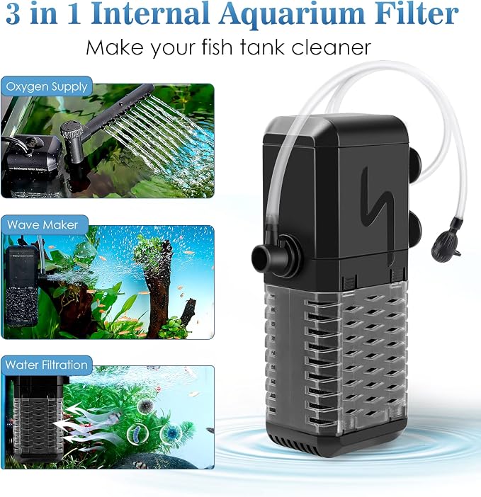 AQQA Submersible Aquarium Filter, Adjustable Flow with Aeration System | Ultra Quiet, Biochemical Sponge Filtration, Fish Tank Filter Built-in Rainfall Aerator, Fits Tanks Up to 50 Gallon,158GPH