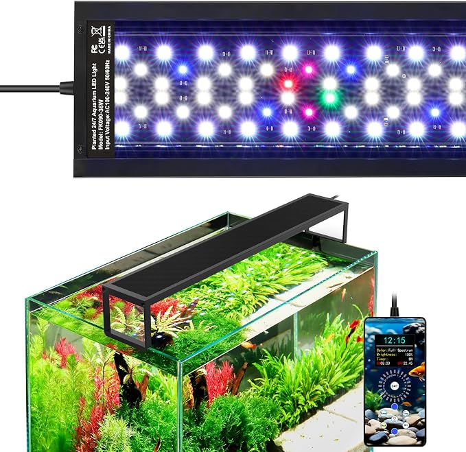 fishkeeper 36W Aquarium Light, 24/7 Mode with One‑Touch Time Calibration | DIY‑Mode Full‑Spectrum 6‑Rows WRGB LED Aquarium Plant Light, 9‑Color Options & Memory Function for 24-32 Inch Fish Tank