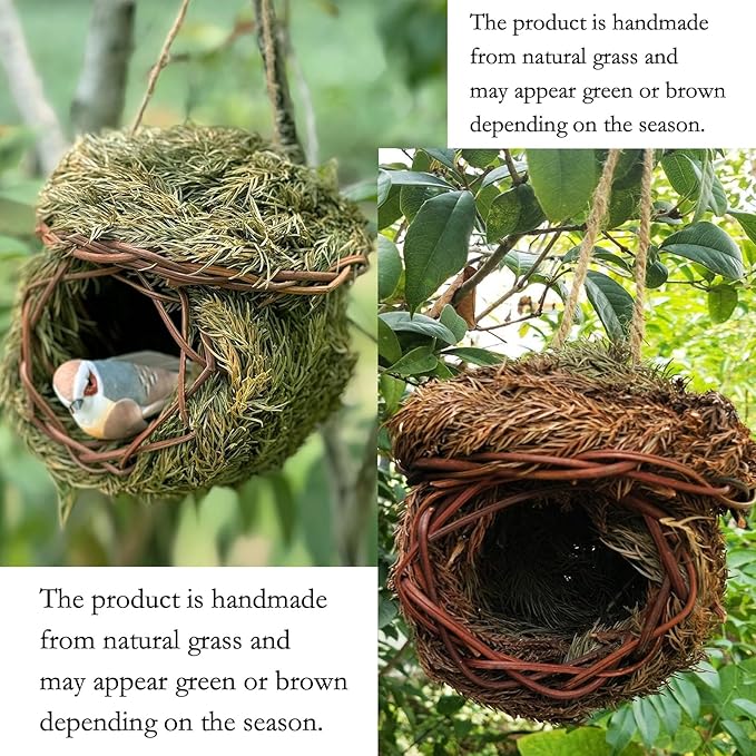 2 Pack Green Grass Birdhouse for Outside Garden Decoration Hanging Bird Hut Bird Nest Cozy Resting Place for Wild Birds (About 3.5-4.5inch)