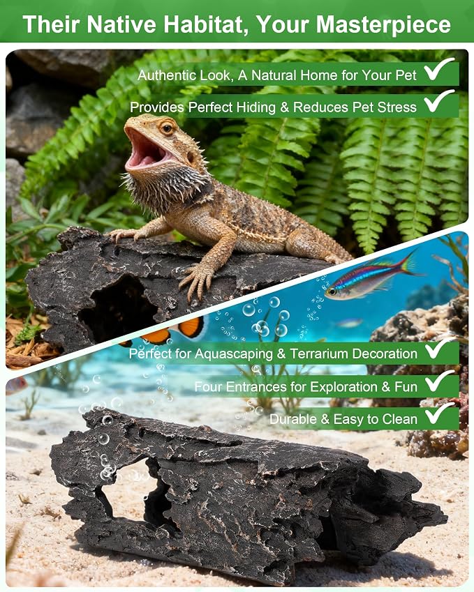 TRUVIC Fish Tank Decorations - Aquarium Large Cave Decor, Resin Hollow Tree Trunk Reptile Hide & Betta Log Hideout for 55 Gallon Tank, Fish Accessories Shelter Cave