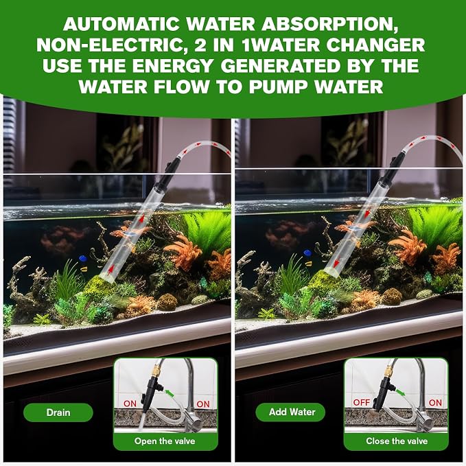 Aquarium Siphon Vacuum Gravel Cleaner Kit for Fish Tank（32ft） | Cleaning Gravel & Sand, Fish Tank Water Changer Metal Faucet Connector with Long Hose Drain & Fill