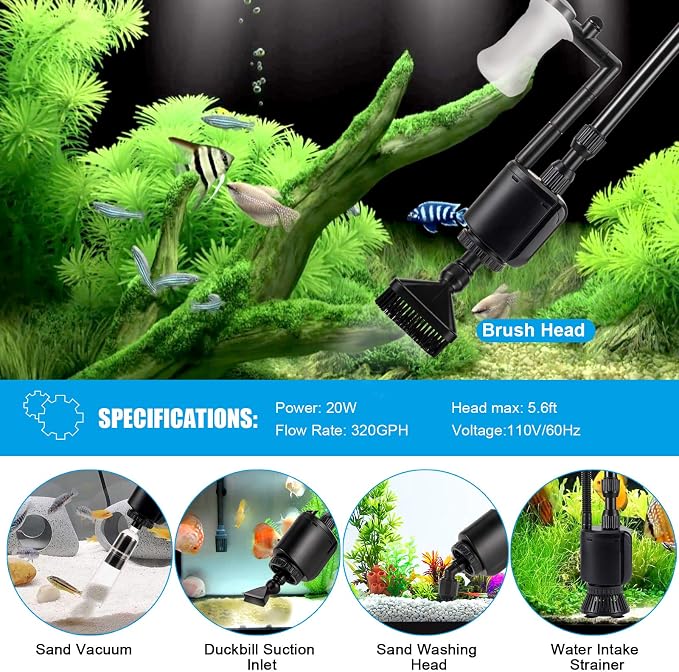 AQQA Aquarium Gravel Cleaner, 6-in-1 Fish Tanks Gravel Vacuum Cleaner Set | Remove Dirt, Change Water, Wash Sand, Water Shower, Water Circulation (20W, 320GPH)