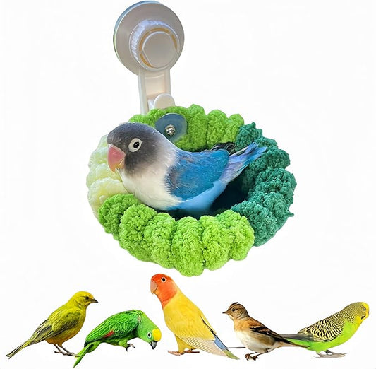 Warm Bird Nest Bed with Suction Cup Bird Snuggle Hut Breeding Bird House Plush Hanging Bird Bed for Parakeet, Conure, Budgie, Cockatiel, Lovebird, Finch, Hamster-Green