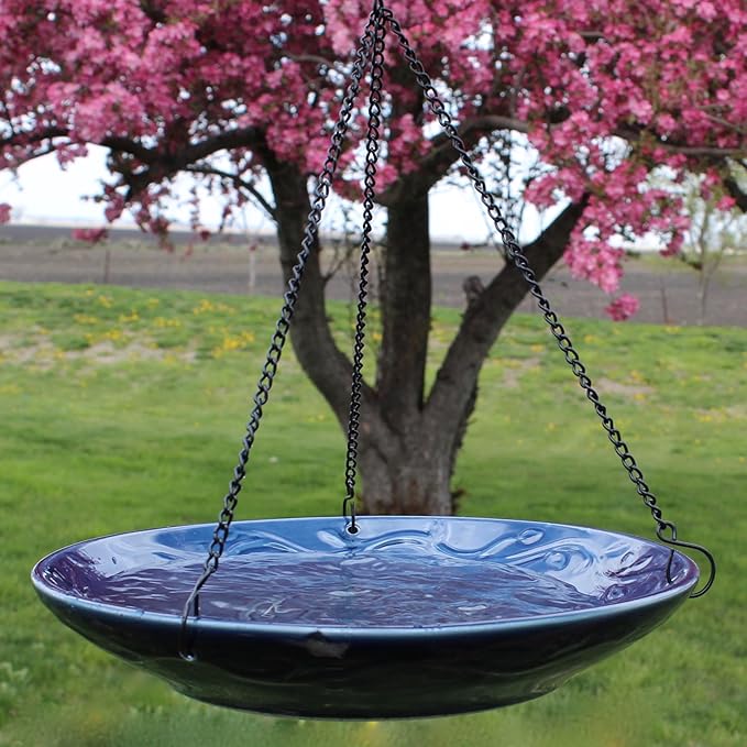 Blue Ceramic Bird Bath Bowl - Hanging Bird Baths for Outdoors - 12-Inch Glazed Ceramic Bowl with Embossed Bluebird & Flower Design - Metal Chain & Hook