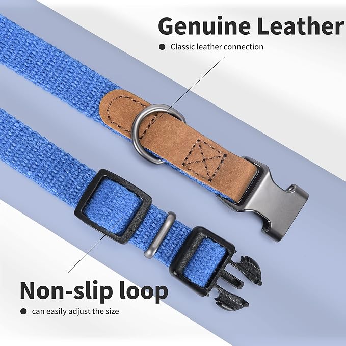 Mile High Life Genuine Leather Dog Collar, Soft Cotton Pet Collars with Heavy Metal Buckle for Small Large Dogs (Blue, M Neck 15"-18")
