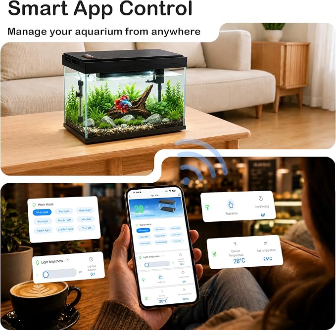 Vehipa Smart Fish Tank, 5 Gallon Aquarium Kit Ultra-White Glass | with App Control, Heating, Multi-Filtration System, Auto Feeder, 8-Color LED Light