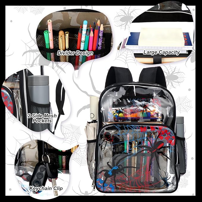 Kacctyen 3 Pcs Clear Backpack Heavy Duty Clear Stadium Bag Transparent Backpack with Lunch Bag(Black,Spider)