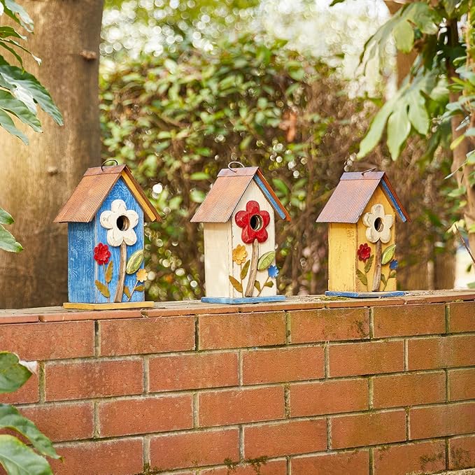 Glitzhome Bird Houses for Outside, 10.25" Wooden Bird House Hanging Birdhouse Distressed Flower Garden Bluebird House for Outdoor, Bird Nest Box for Bluebird Wren Chickadee Sparrow