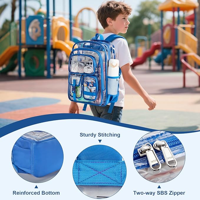 Clear Bookbag with Chest Strap, 17" Heavy Duty See Through Backpack with Anti-theft Hook & S-shaped Shouler Straps, Large Clear Bags for Work Sport School Travel