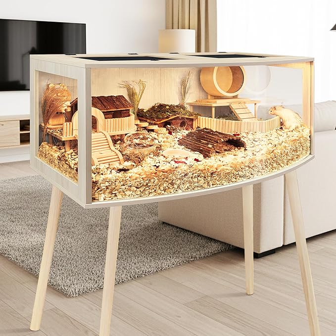 PROLEE Hamster Cage with Curved Design, Chew Proof Wooden Hamsters Enclosure with Leg Stand and Openable Top for Gerbils, Hamster Habitat (48"x20"x20")