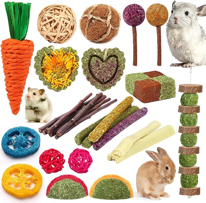 YIXUND Rabbit & Guinea Pig Toys - Natural Timothy Hay & Apple Wood Sticks for Teeth Care - Handmade for Hamster, Bunny, Chinchilla (27 Pcs)