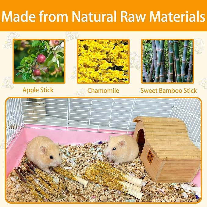 kathson 10Pcs Rabbit Chew Sticks,Natural Guinea Pig Chew Toys Apple Wood with Petals,Bunny Sweet Bamboo Molar Teeth Sticks,Small Animals Teeth Care Treats Stick for Hamster,Chinchilla,Gerbils