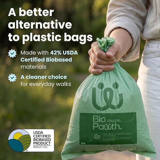 Dog Poop Bags, USDA Certified Biobased Product (42%), Extra Thick & Leak-Proof, Unscented, Single Roll Pet Waste Bag for Dogs & Cats, 300 Count