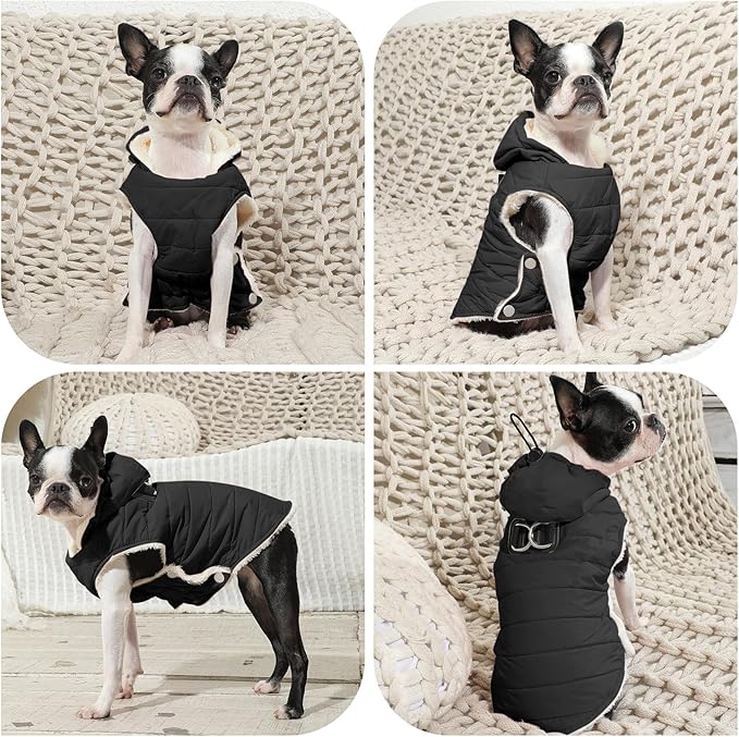 Vecomfy Fleece Lining Dog Hoodie with Harness Built in,Extra Warm Small Dog Jacket in Winter Puppy Coats with Drawstring Hooded,Black S
