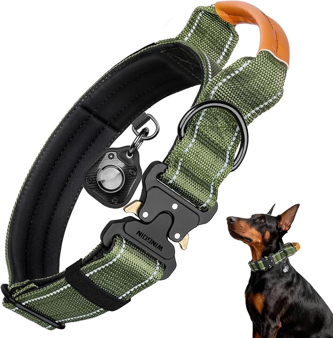 WINGOIN Tactical Dog Collar, Reflective Dog Collar with AirTag Holder for Large Dogs, Metal Buckle, Heavy Duty, Nylon Control Handle for Hunting, Training, Walking, Green,M