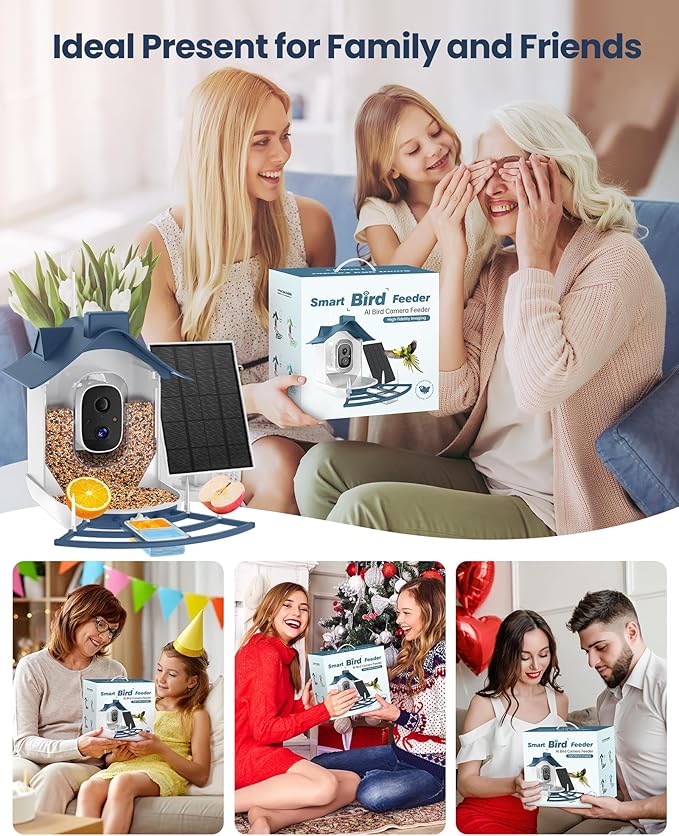 Mother’s Day Present for Mom, Smart Bird Feeder with Camera, AI Bird Identification, Solar Powered Wireless Outdoor Bird Watching Camera, Auto Capture Video & Instant Notifications for Bird Lovers