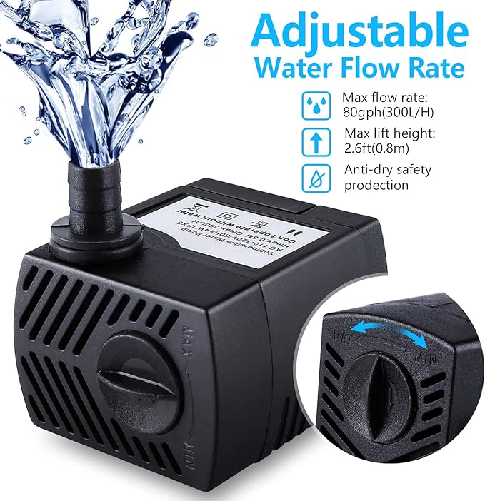 CWKJ Fountain Pump, 2 Packs 80GPH(4W 300L/H) Submersible Water Pump, Durable Outdoor Fountain Water Pump with 7.2ft（2.2m） Power Cord, 3 Nozzles for Aquarium, Pond, Fish Tank, Water Fountain Pump