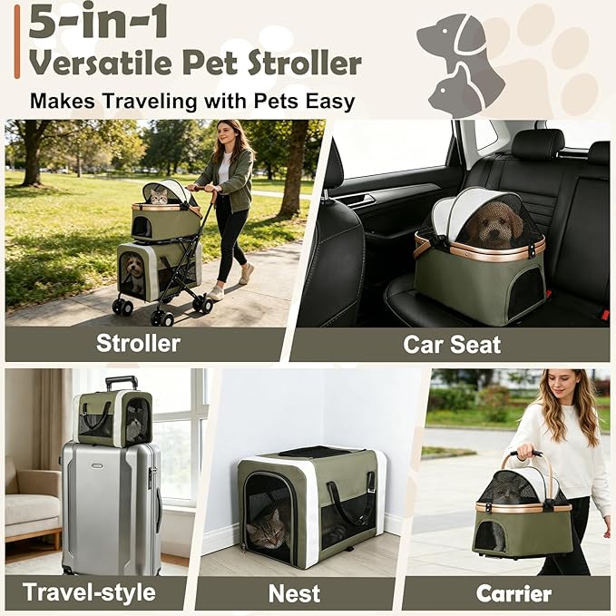 Double Pet Stroller for Dogs and Cats: Dog Stroller Foldable Travel Carriage with Detachable Carriers, Safety Belts, and 4 Lockable Wheels for Small to Medium Pets – Ideal for Multi-Pet Homes (Green)
